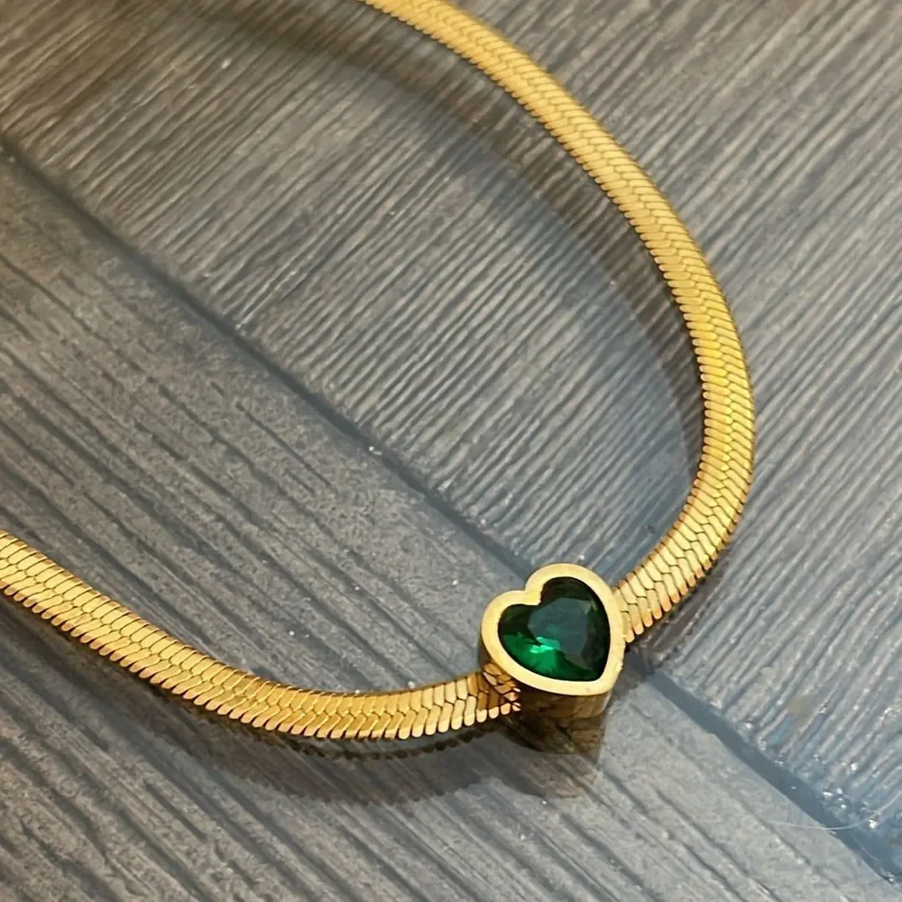 18K Gold Plated Stainless Steel Snake Chain Green Cubic Zirconia Heart Bracelet